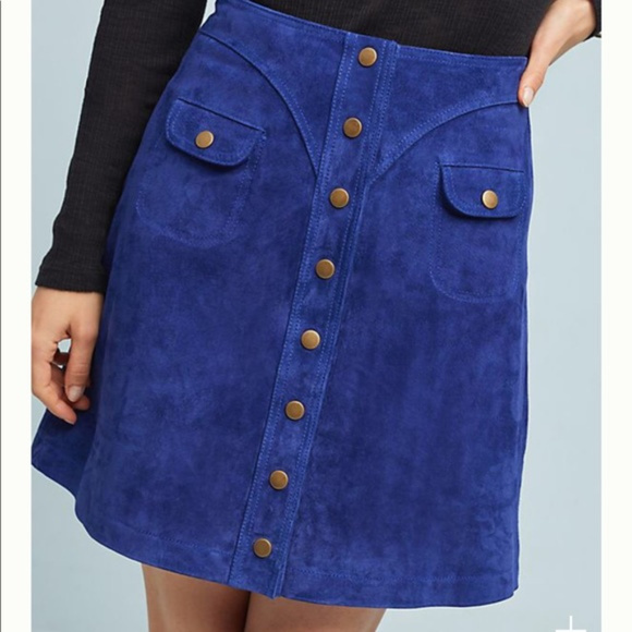 BLUE SUEDE LEATHER Anthropologie Button Down Mini Skirt 8 - Picture 4 of 5